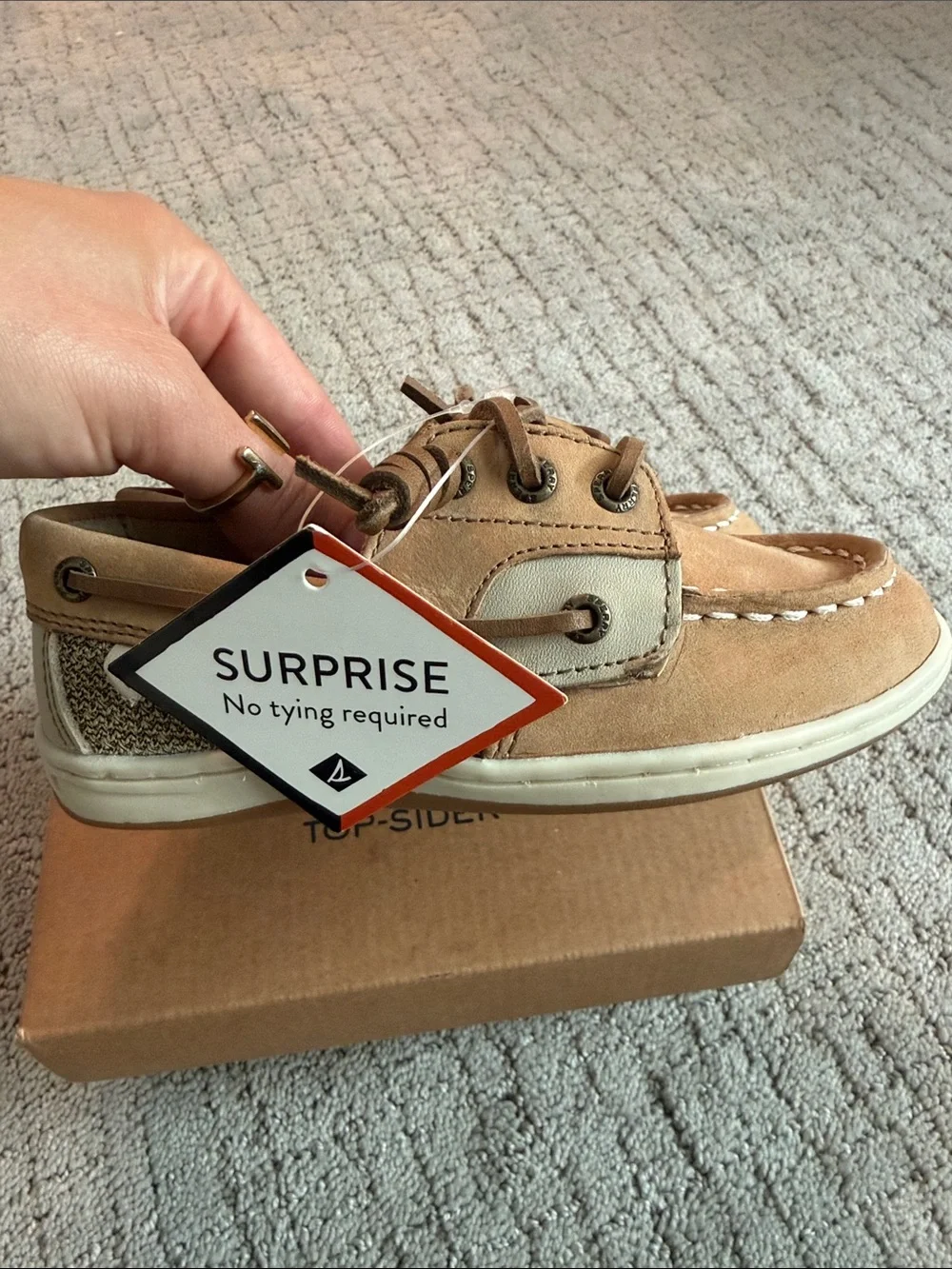 Sperry Kids Tan and Cream No-Tie Moccasin Boat Shoes